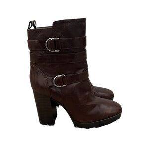 NINE WEST Hywayo Mid calf Brown leather boots 8 lug sole heel